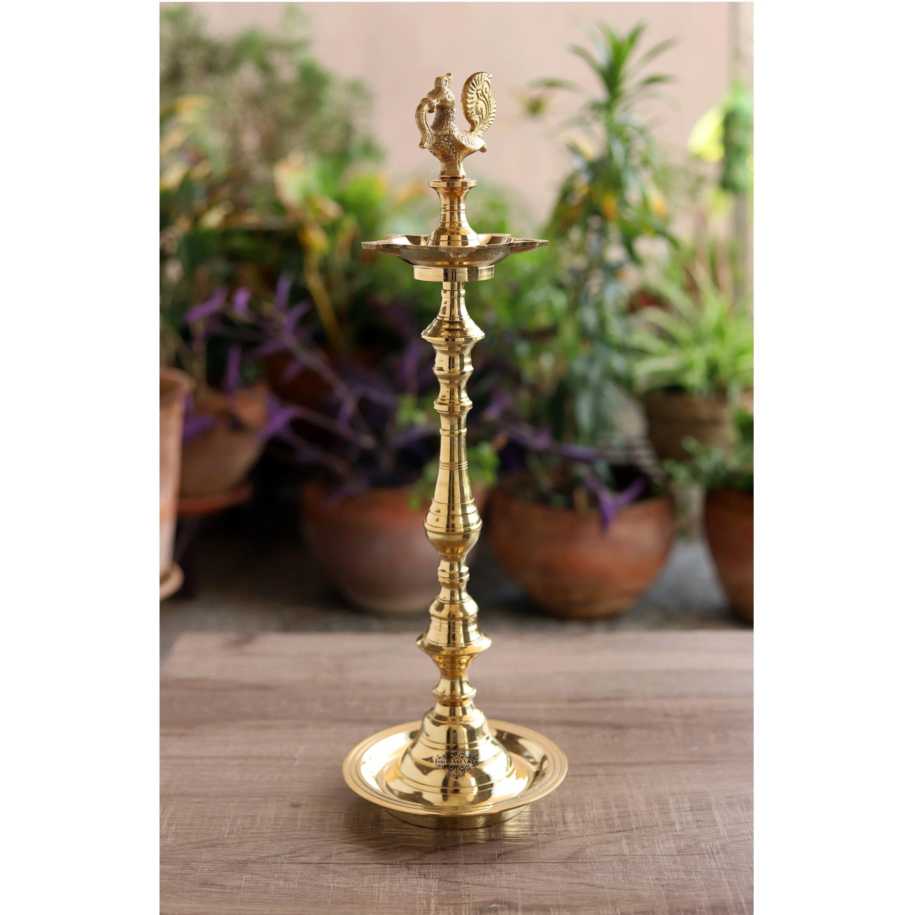 Indian Art Villa Pure Brass Shine Finish Stand/Pillar Diya/Deepak/Lamp/Lantern With Peacock Design, Pooja, Home Decor & Diwali Gift Item, Height-50.80 cm