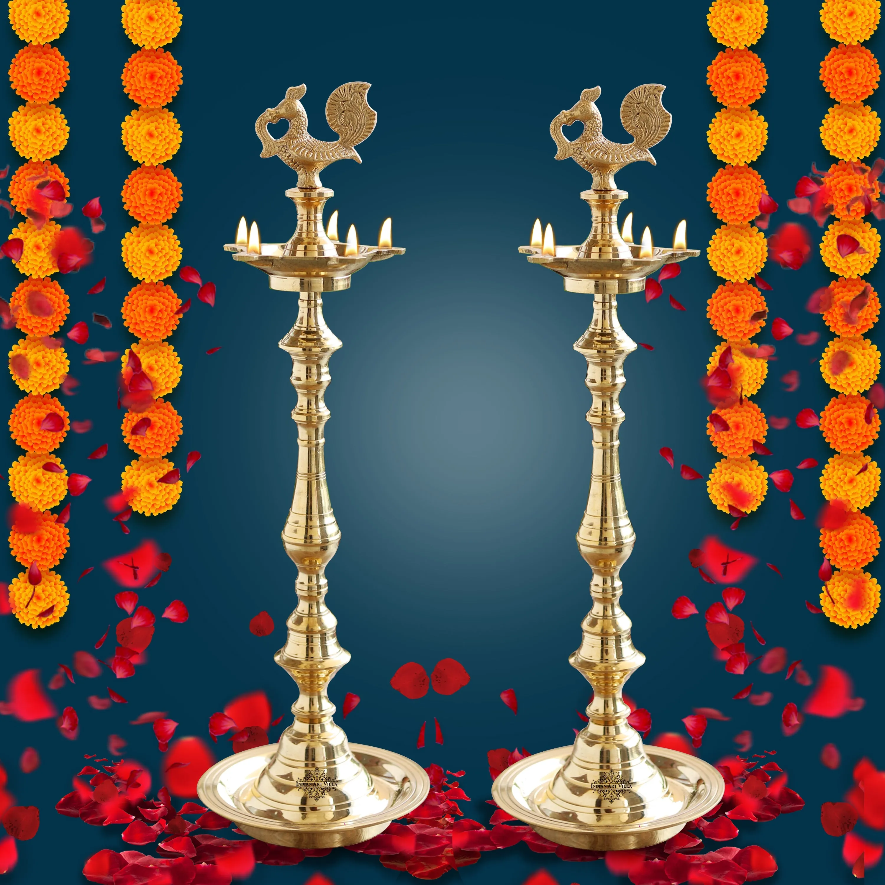 Indian Art Villa Pure Brass Shine Finish Stand/Pillar Diya/Deepak/Lamp/Lantern With Peacock Design, Pooja, Home Decor & Diwali Gift Item, Height-50.80 cm