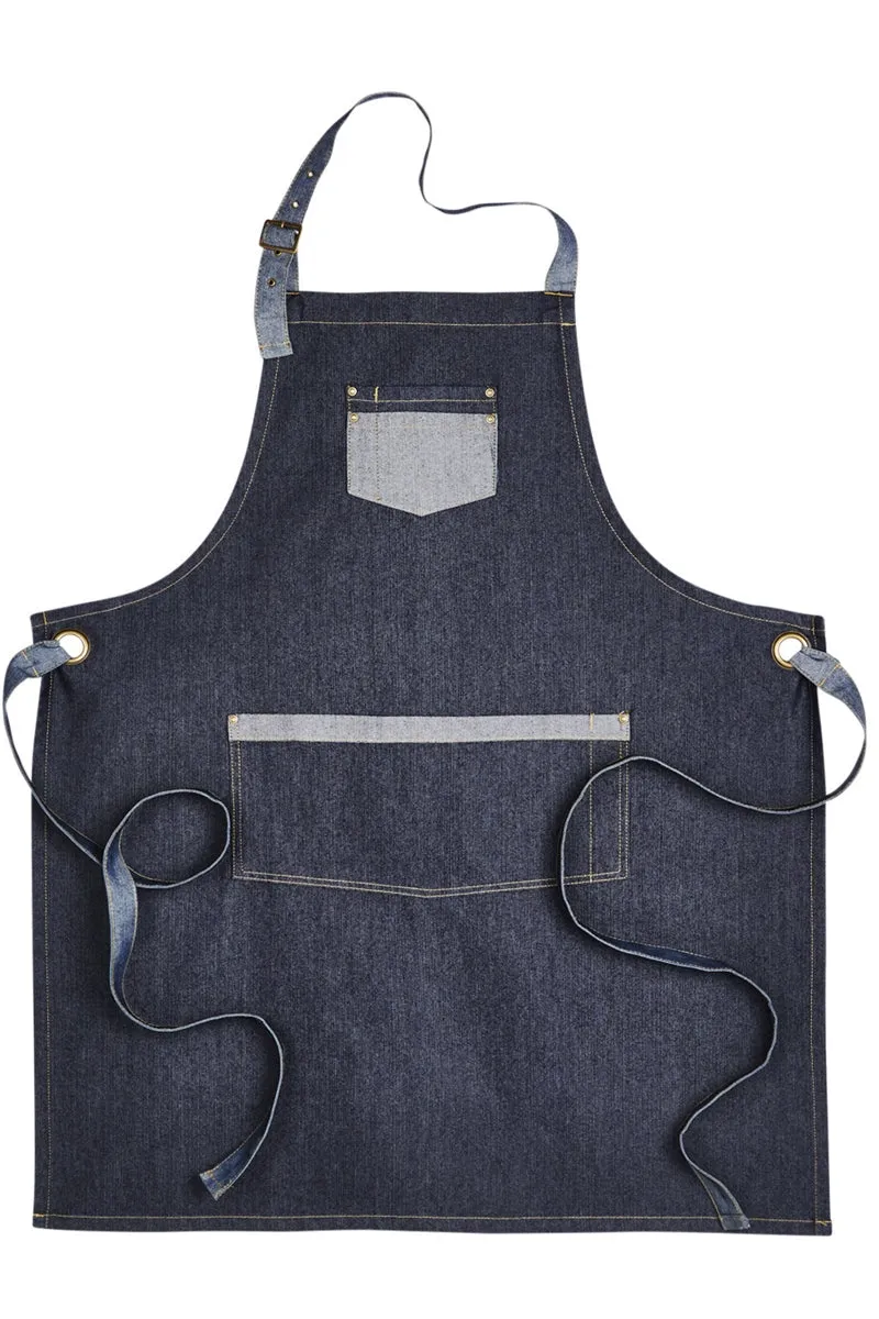 Indigo Contrast Denim Bib Adjustable Apron (2 Pocket)