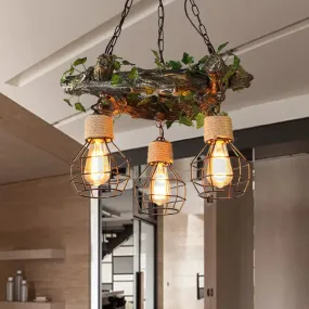 Industrial Bulb Ceiling Chandelier: 3 Metal LED Hanging Lights in Red/Pink/Green with Flower/Plant/Maple Leaf Design