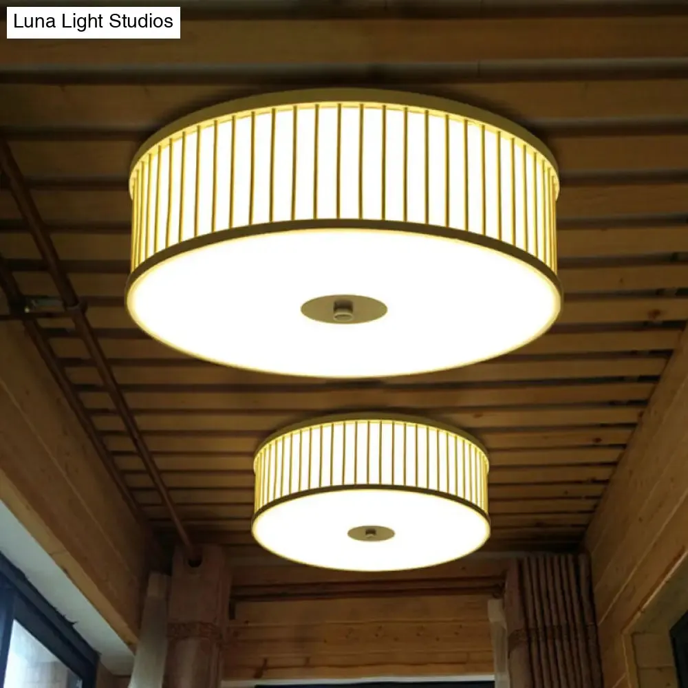 Japanese Bamboo Beige LED Cylinder Flush Mount Ceiling Light for Dining Room