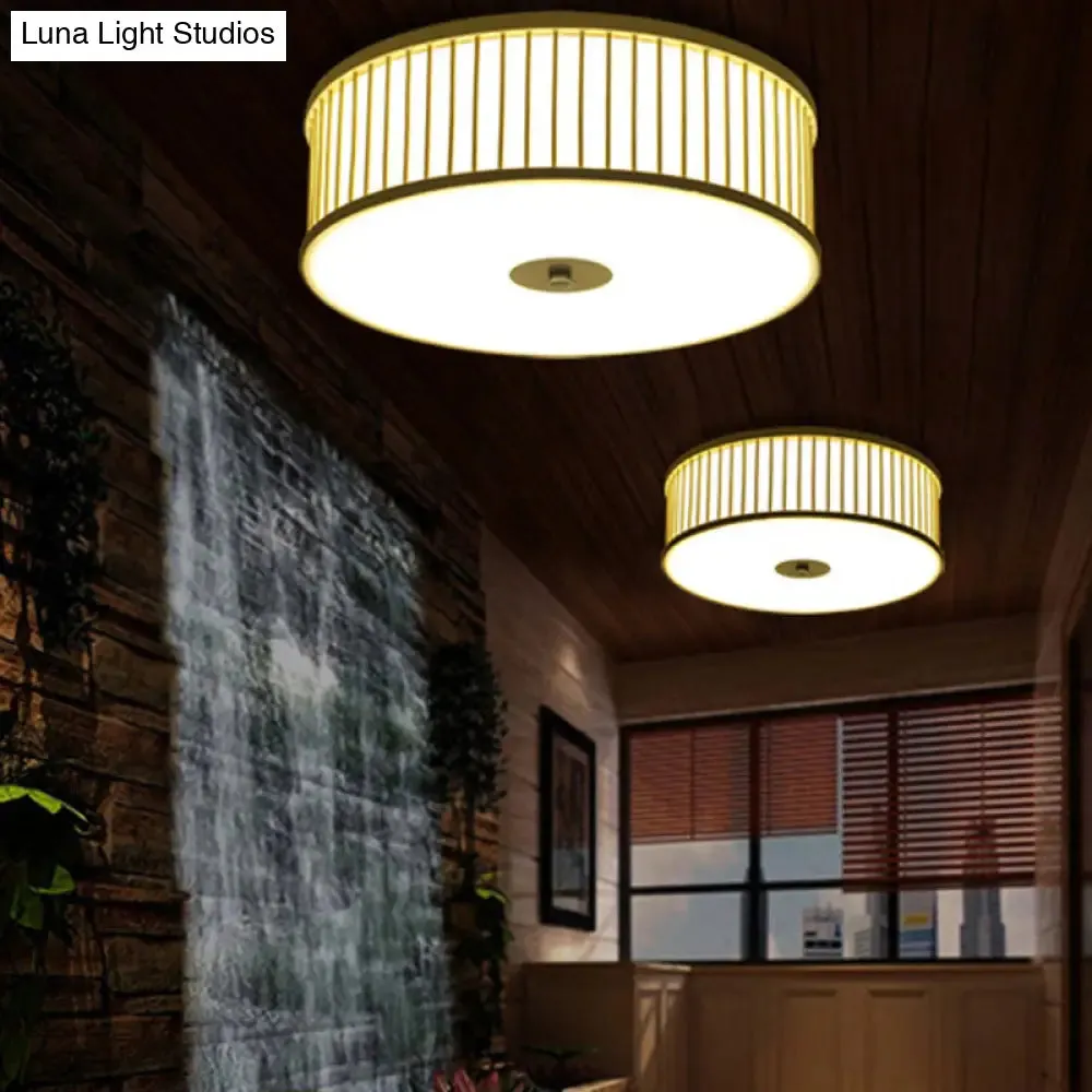 Japanese Bamboo Beige LED Cylinder Flush Mount Ceiling Light for Dining Room