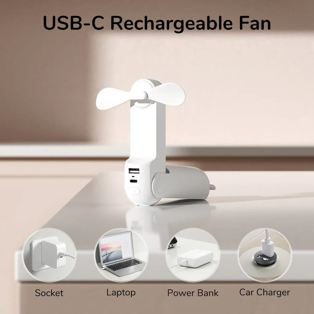 JISULIFE F8X Portable Fan / Battery Powered Portable Pocket Fan / USB Powered Handheld Fan - Brown / Pink