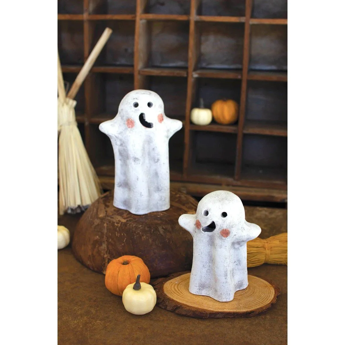 Kalalou set of two tabletop clay ghost lanterns - H4265