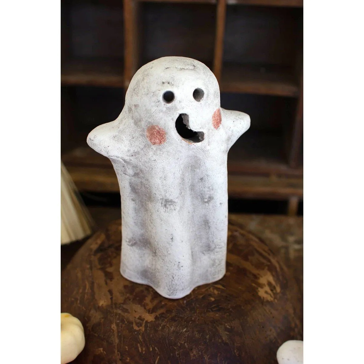 Kalalou set of two tabletop clay ghost lanterns - H4265