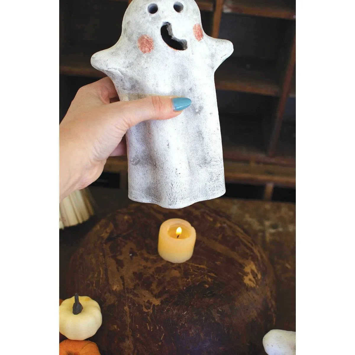 Kalalou set of two tabletop clay ghost lanterns - H4265