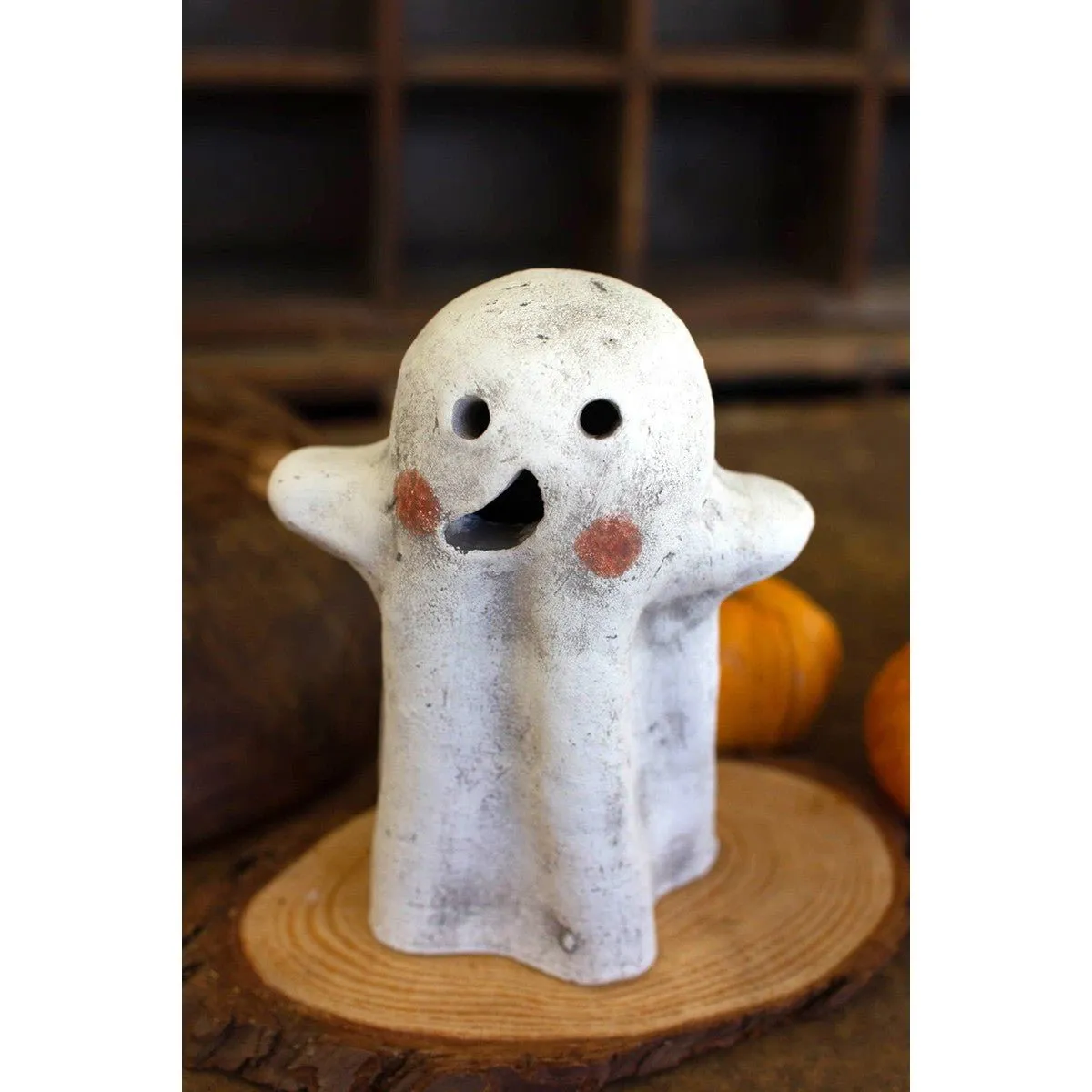 Kalalou set of two tabletop clay ghost lanterns - H4265