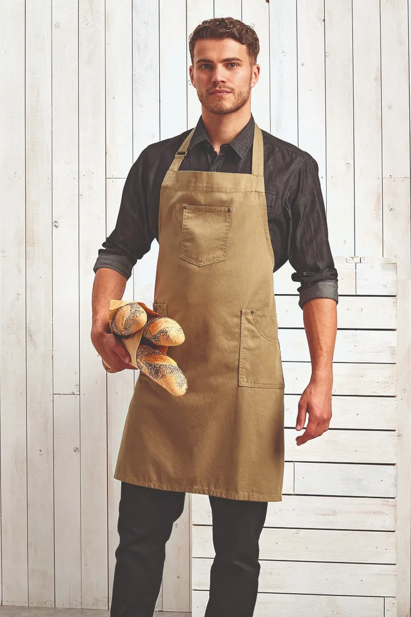 Khaki Cotton Chino Adjustable Bib Apron (3 Pocket)