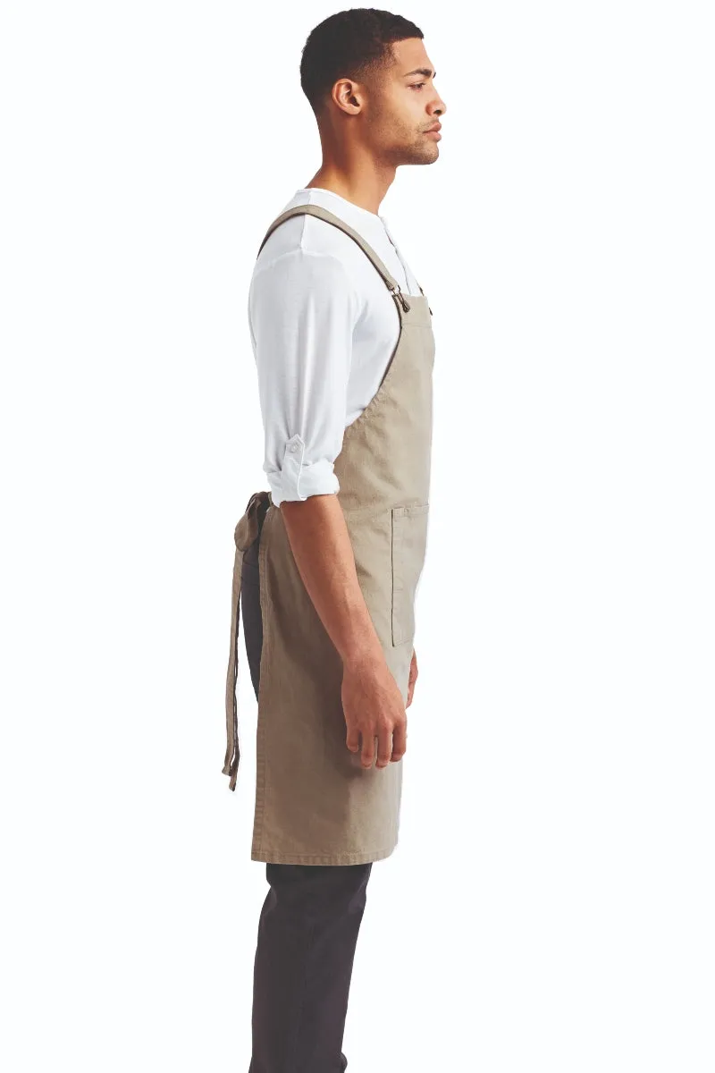 Khaki Cross Back 'Barista' Bib Adjustable Apron (1 Pocket w/ Pen Slot)