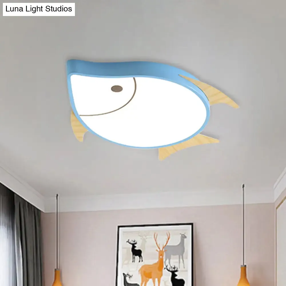 Kids' Cartoon Fish LED Ceiling Lamp in White/Pink/Blue with Wood Accents