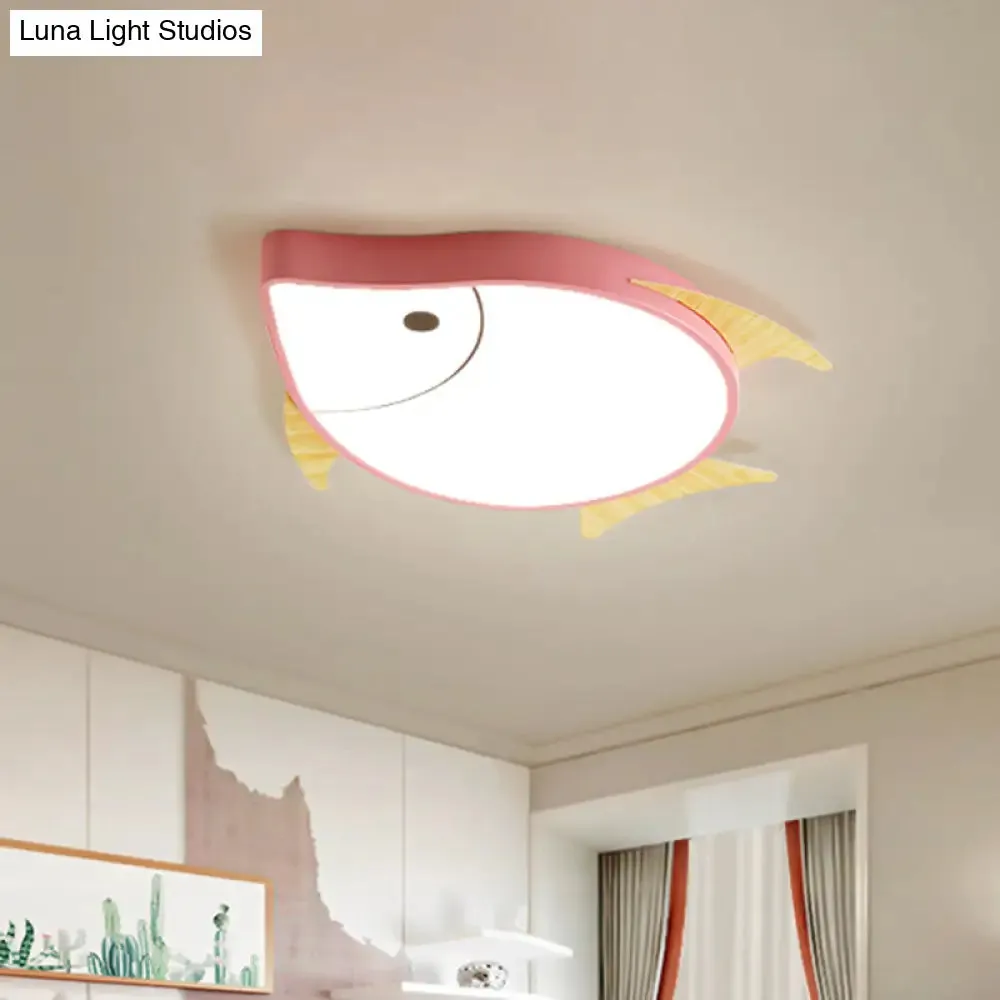 Kids' Cartoon Fish LED Ceiling Lamp in White/Pink/Blue with Wood Accents