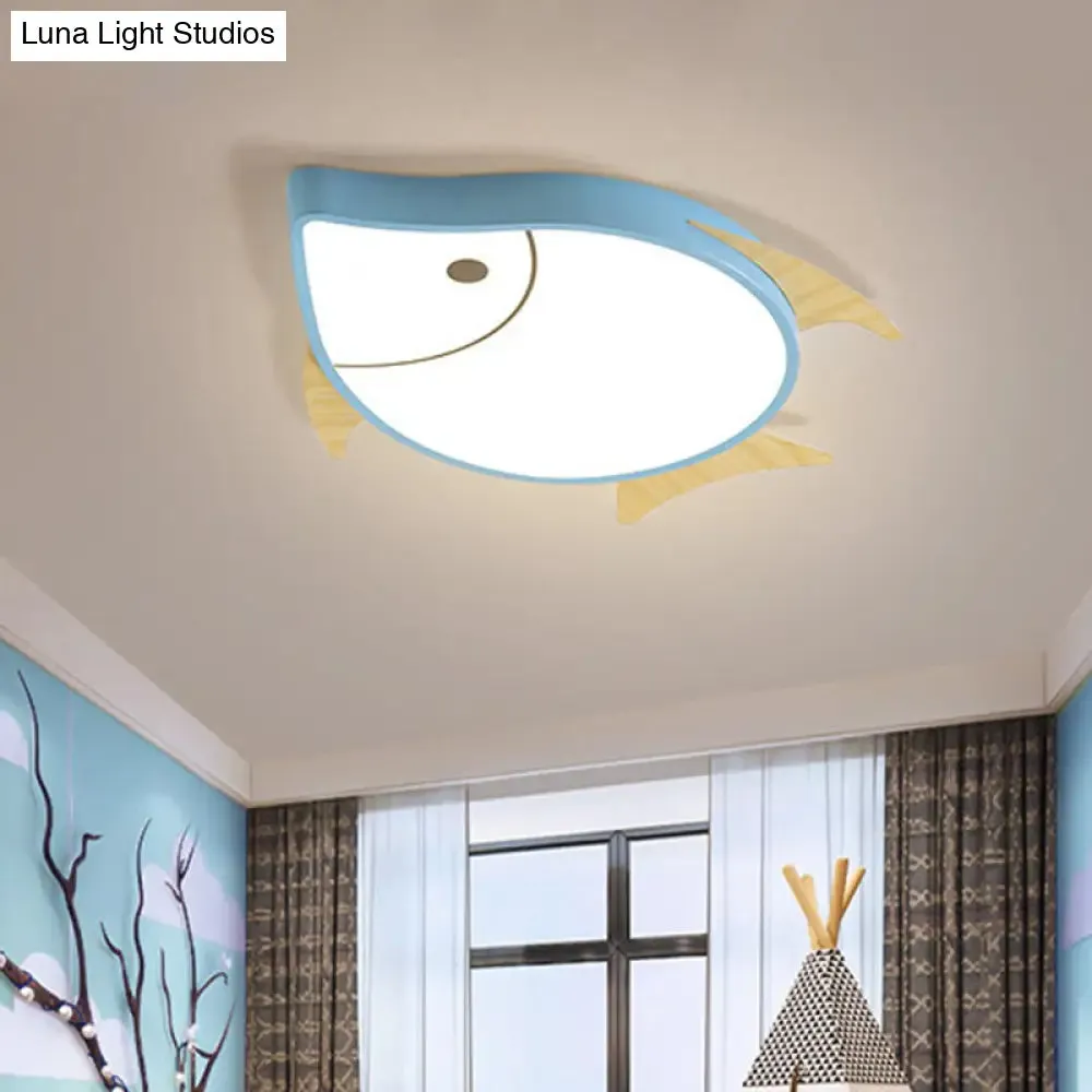 Kids' Cartoon Fish LED Ceiling Lamp in White/Pink/Blue with Wood Accents