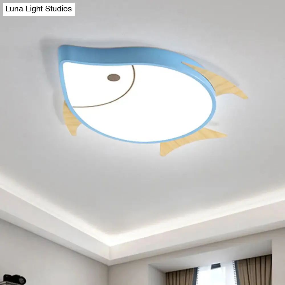 Kids' Cartoon Fish LED Ceiling Lamp in White/Pink/Blue with Wood Accents