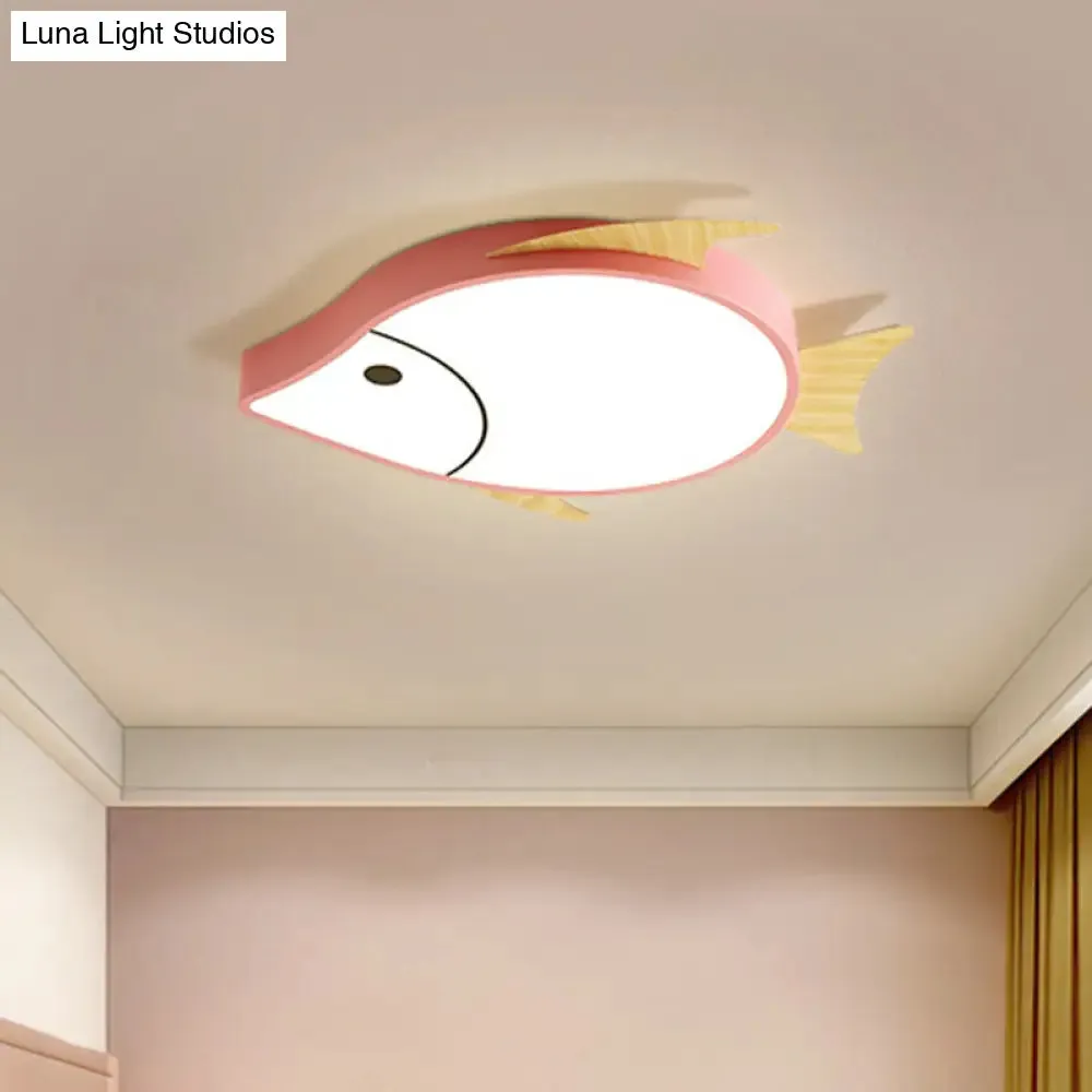 Kids' Cartoon Fish LED Ceiling Lamp in White/Pink/Blue with Wood Accents