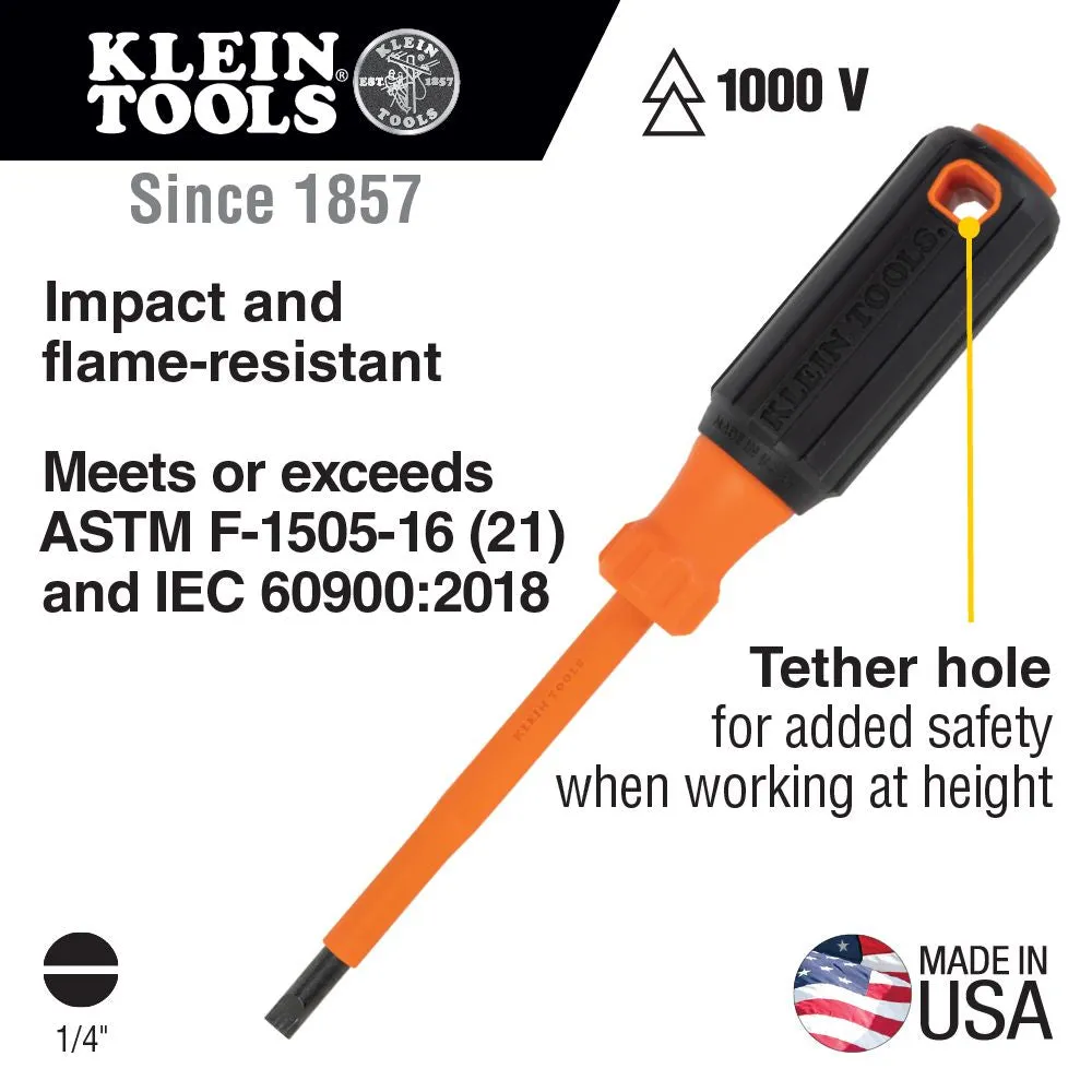 Klein Tools 6824INS Insulated Screwdriver, 1/4-Inch Cabinet Tip, 4-Inch Round Shank