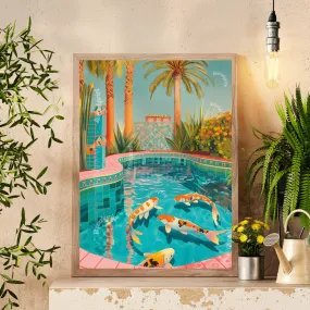 Koi Fish Swimming in a Pool - Coastal Decor - Coastal Print - Palm Tree Print - Boho Wall Art - Maximalist Decor - Coastal Pastel Print