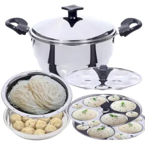 Kuber Industries Stainless Steel 5-in-1 Multi Kadai for Idli, Dhokla, Mini Idlies, Modaks | Includes 3 Idly Plates, 1 Steamer Plate, 1 Dhokla Plate & 1 Multi Kadai with Lid | Silver