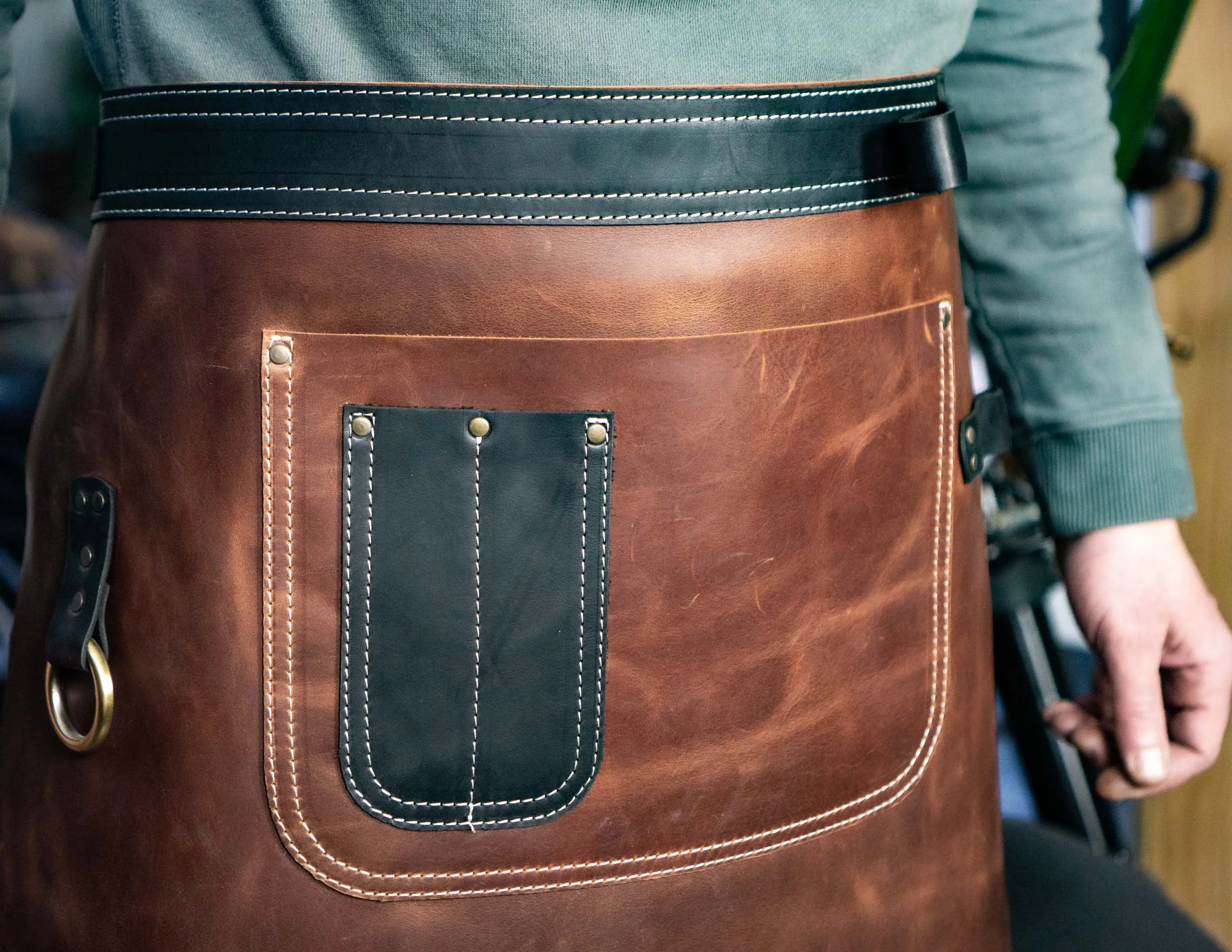 Leather half apron with pockets. Brown & black genuine leather