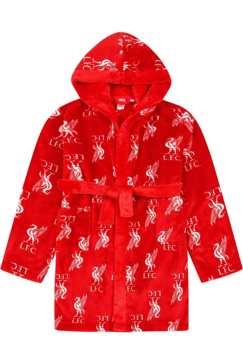 Liverpool F.C. Mens Official Dressing Gown Fleece Hooded Robe Red