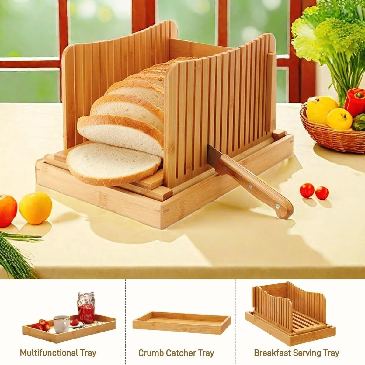 LUCKDEER Bamboo Bread Slicer for Homemade Bread, 3 Different Thicknesses Bread Slicer Guide with Sturdy Crumb Tray,for Bread, Cakes, Bagels