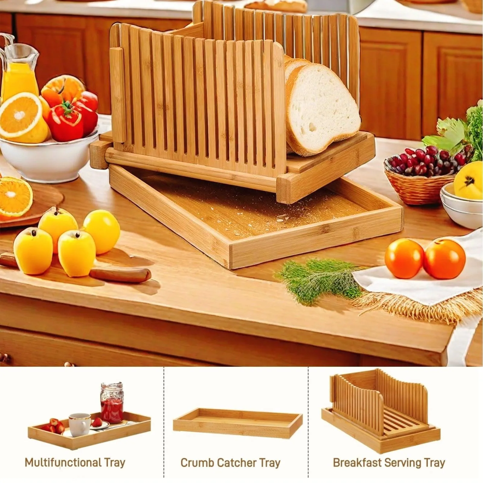 LUCKDEER Bamboo Bread Slicer for Homemade Bread, 3 Different Thicknesses Bread Slicer Guide with Sturdy Crumb Tray,for Bread, Cakes, Bagels