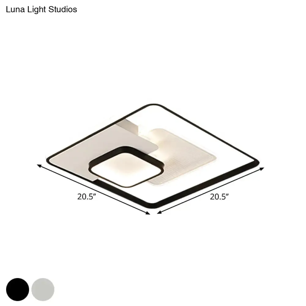 Modern Metallic Square Flush Ceiling Lamp with LED in Black/White & Warm/White, 16.5"/20.5" Wide