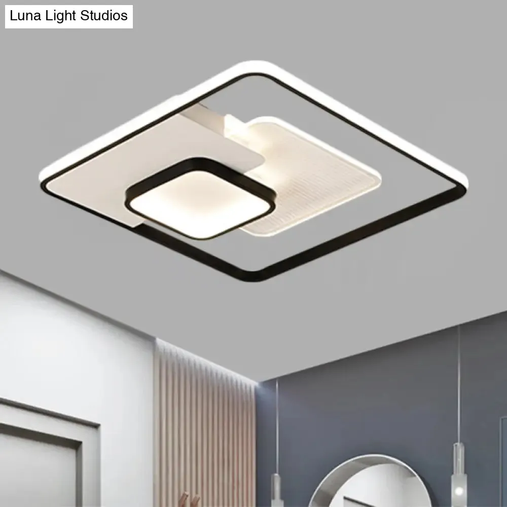 Modern Metallic Square Flush Ceiling Lamp with LED in Black/White & Warm/White, 16.5"/20.5" Wide