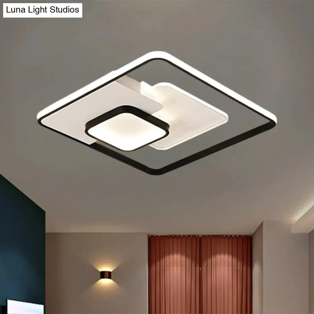 Modern Metallic Square Flush Ceiling Lamp with LED in Black/White & Warm/White, 16.5"/20.5" Wide