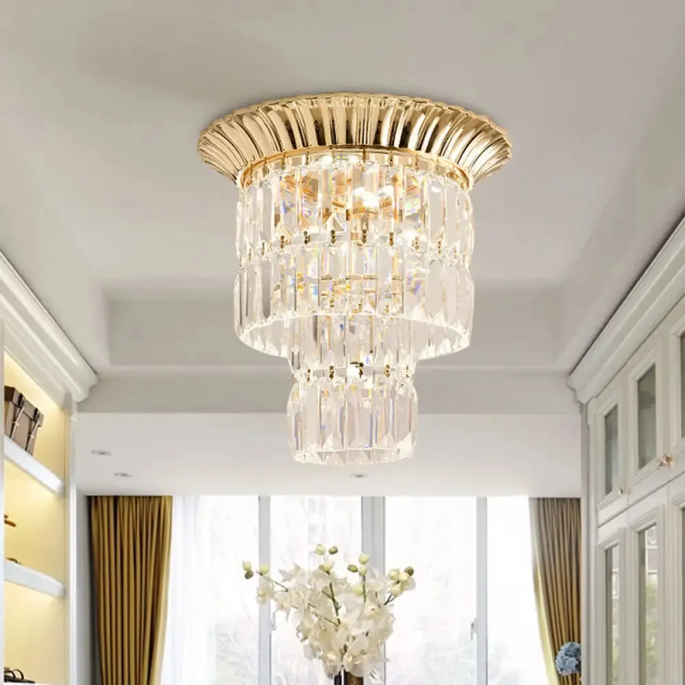 Modernist Crystal Dual Shade LED Flushmount Lamp - Chrome/Gold Cylindrical Ceiling Fixture