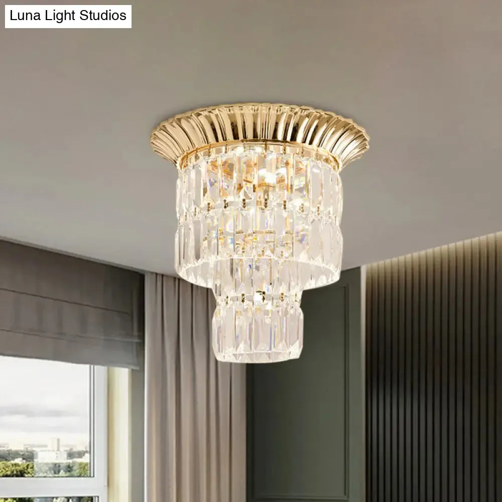 Modernist Crystal Dual Shade LED Flushmount Lamp - Chrome/Gold Cylindrical Ceiling Fixture