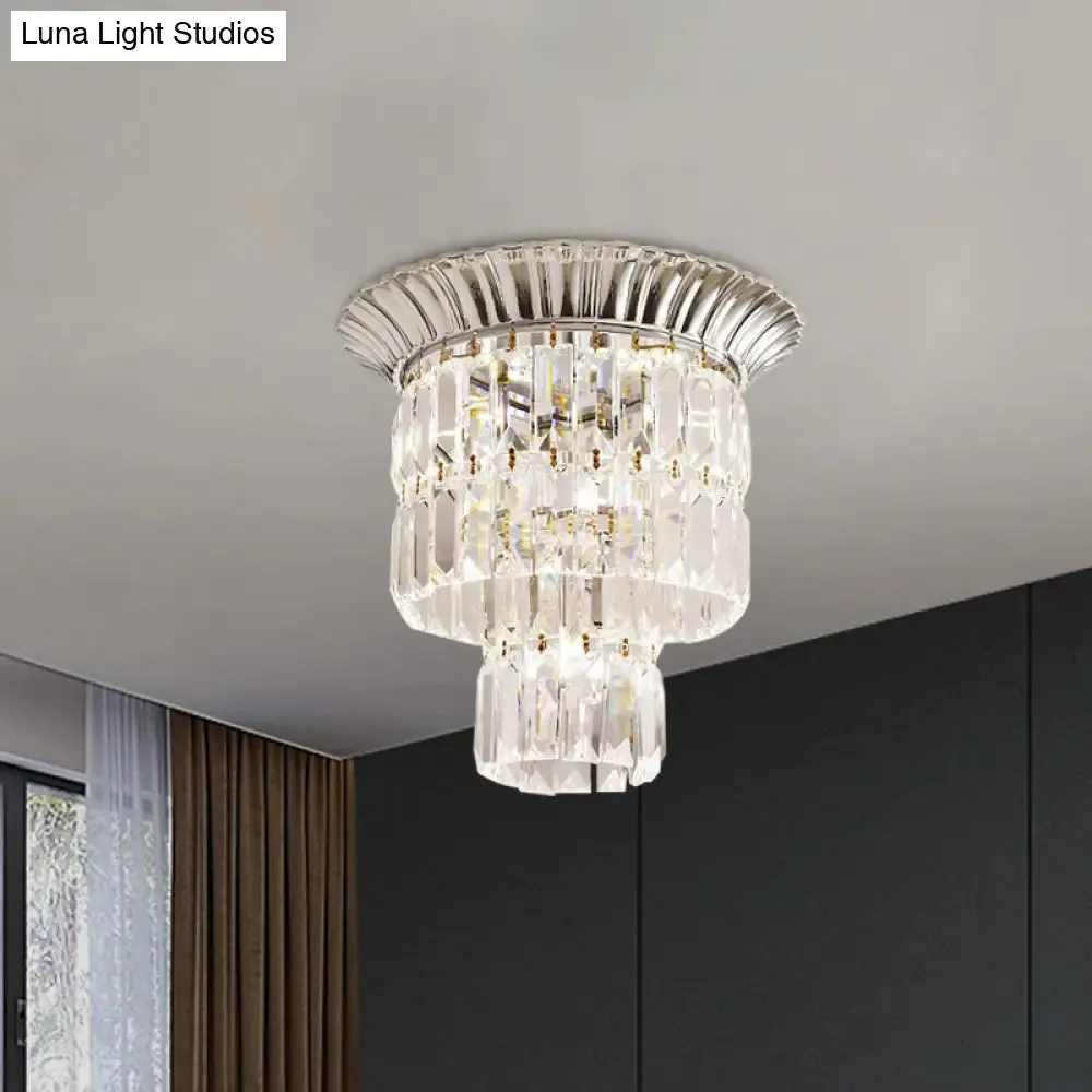 Modernist Crystal Dual Shade LED Flushmount Lamp - Chrome/Gold Cylindrical Ceiling Fixture