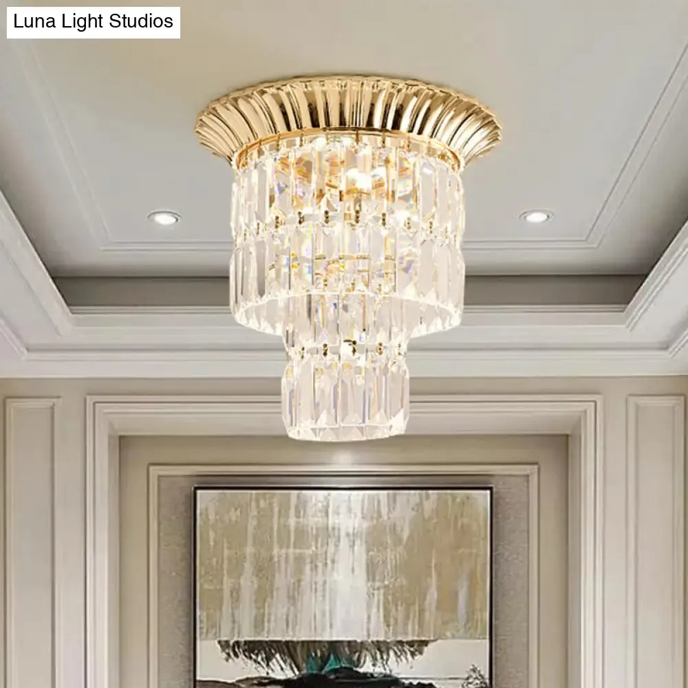 Modernist Crystal Dual Shade LED Flushmount Lamp - Chrome/Gold Cylindrical Ceiling Fixture