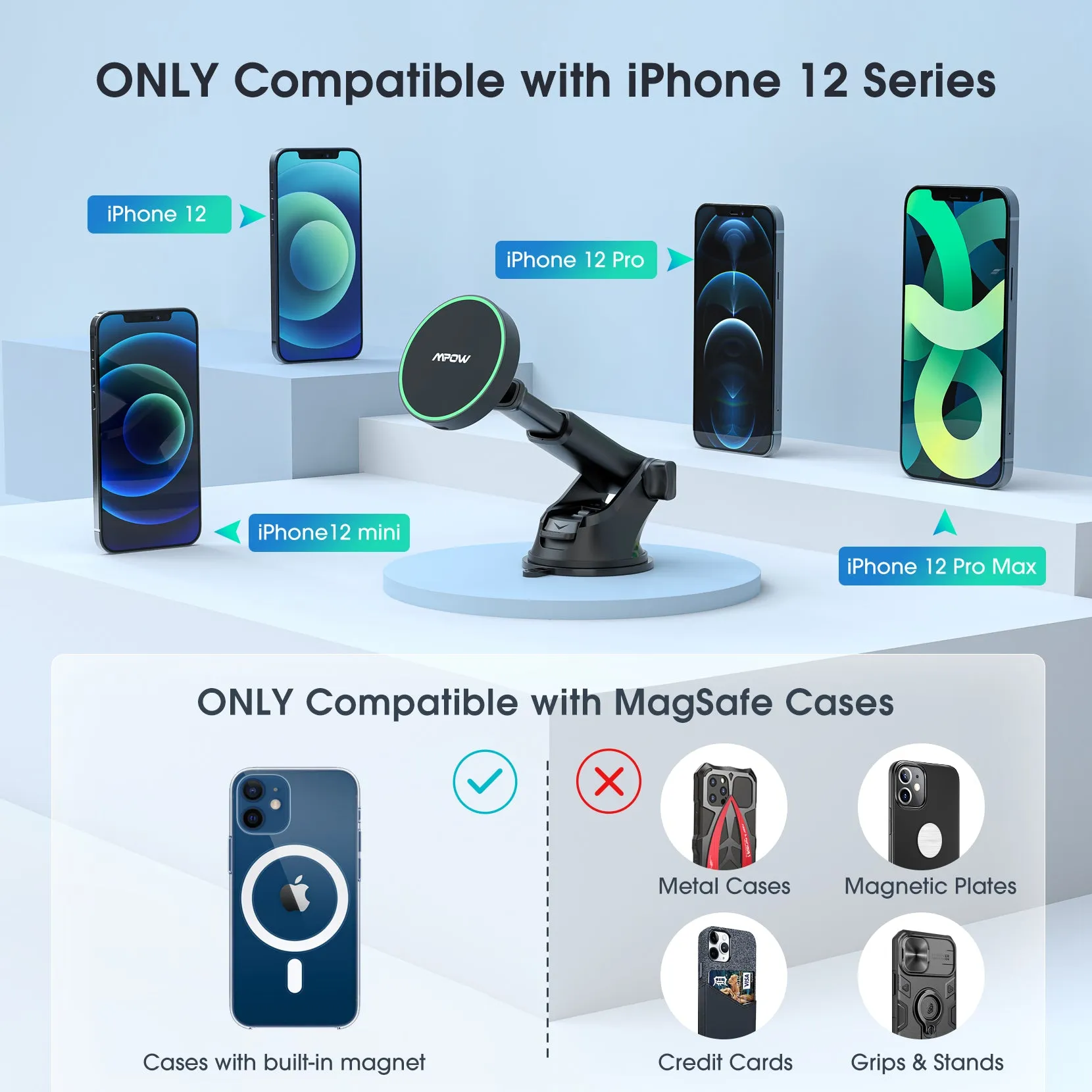 Mpow CA169A Magnetic Wireless Car Charger, Compatible with iPhone 12 Series