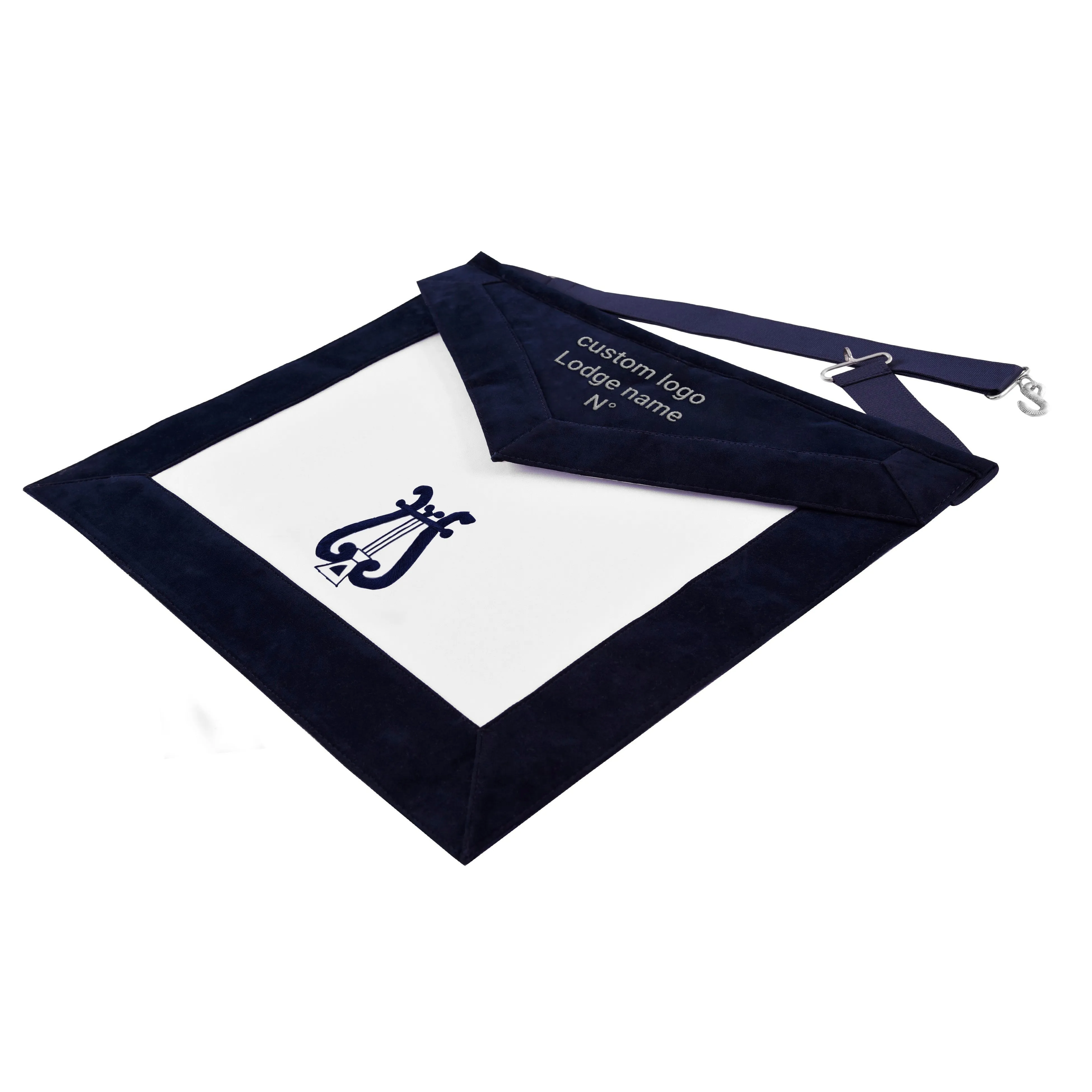 Organist Blue Lodge Officer Apron - Navy Velvet With Silver Embroidery Thread