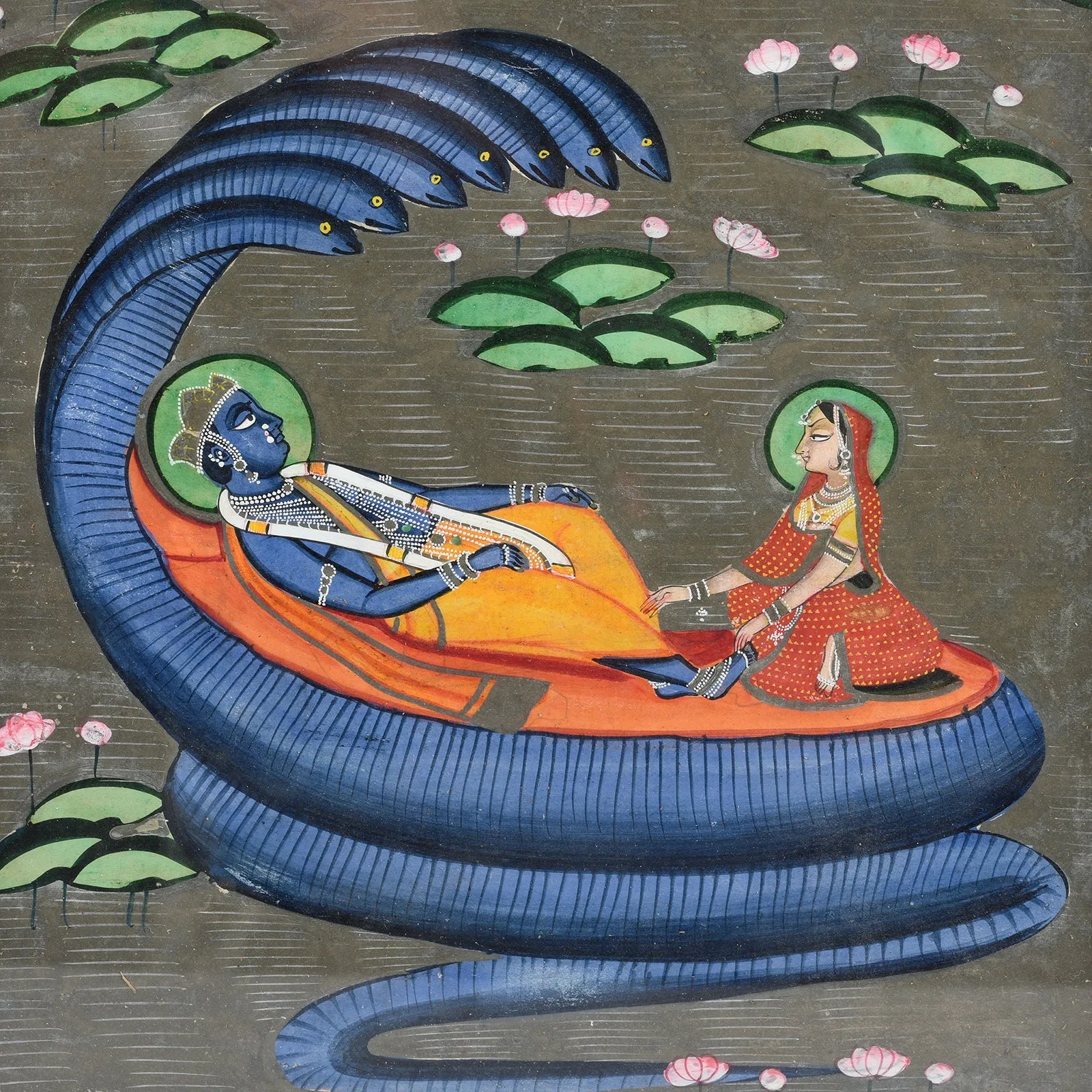 Original Indian Watercolour Of Vishnu On A Bed Of Snakes - 19thC