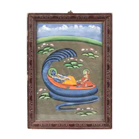 Original Indian Watercolour Of Vishnu On A Bed Of Snakes - 19thC