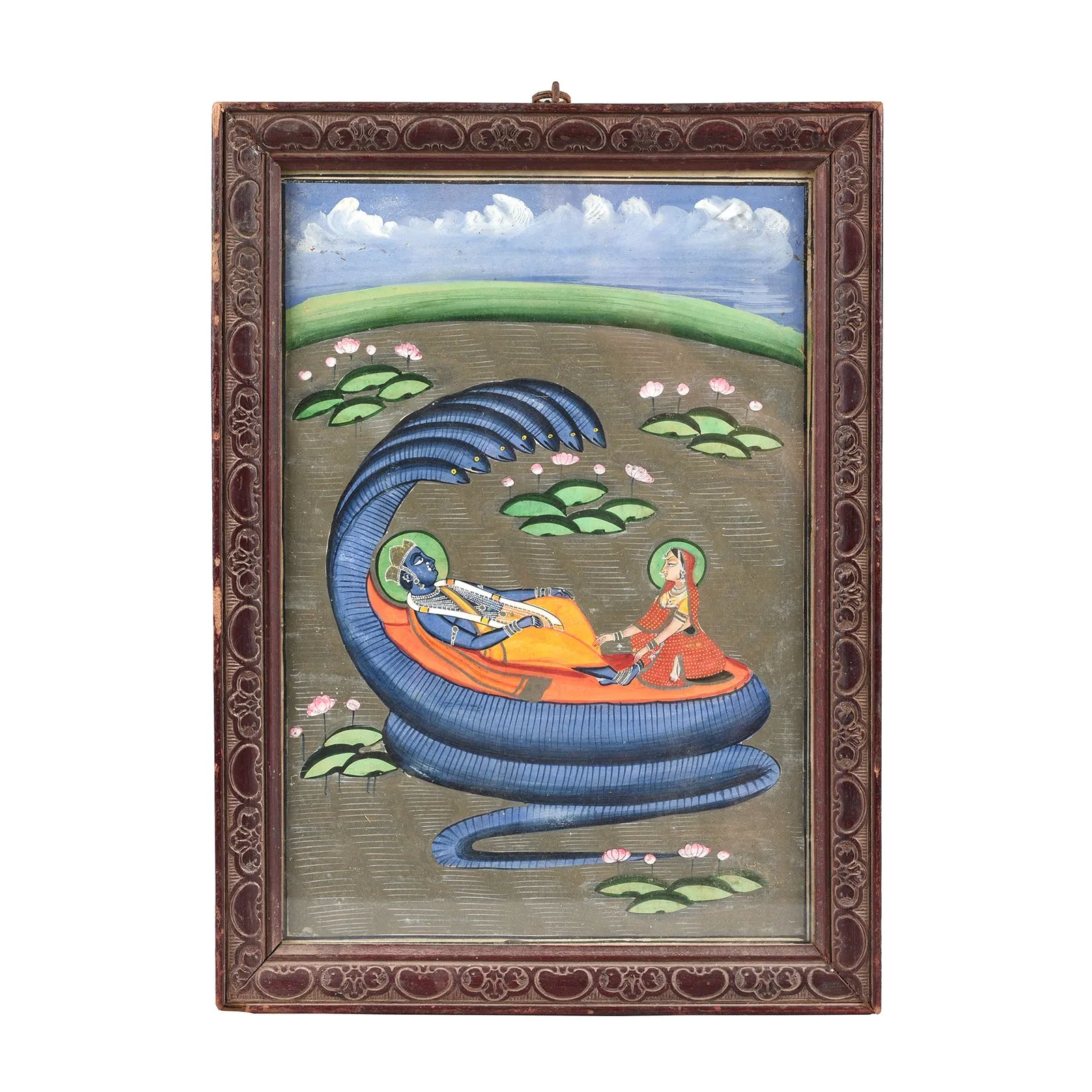 Original Indian Watercolour Of Vishnu On A Bed Of Snakes - 19thC