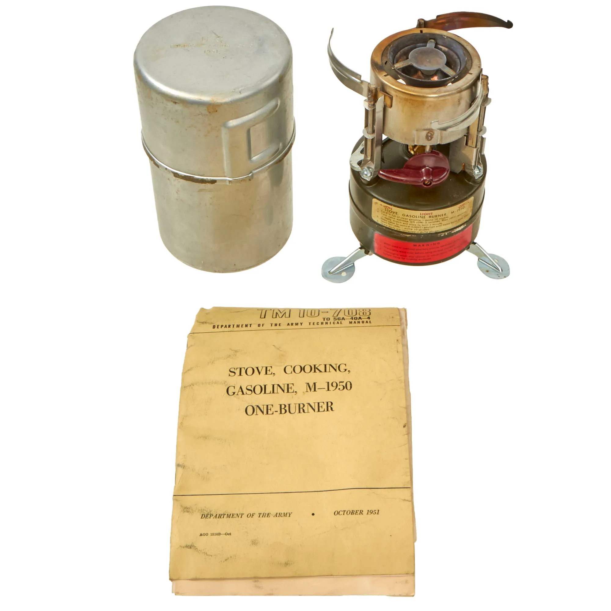 Original Vietnam War U.S. Issue Rogers Gasoline Camp Stove in Bayonet "F" Canister with Original Manual - Dated 1951 & 1964