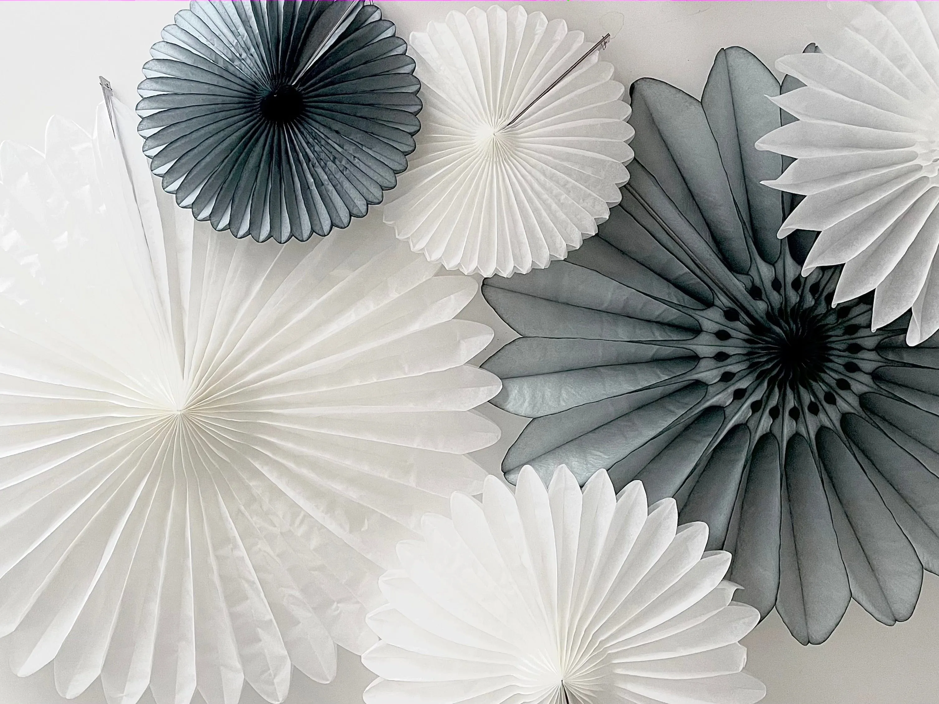 Paper fan party decoration set of 4 - grey and white