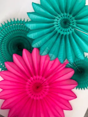 Paper fans sets - teal and pink colour - party decoration set of 4