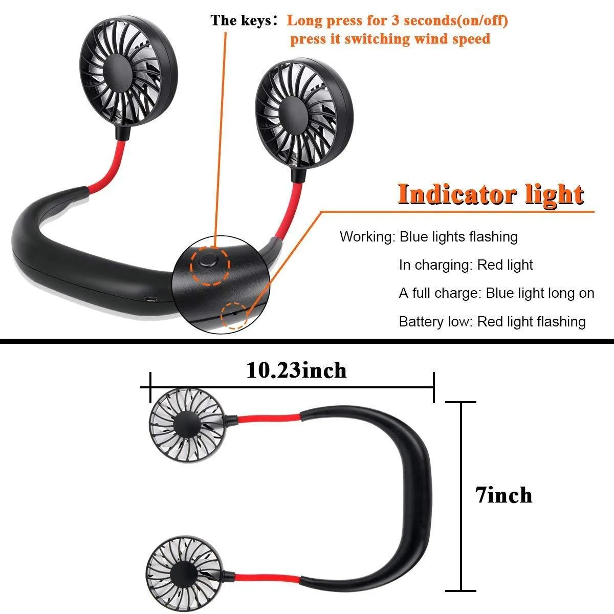 Portable Hand-Free Mini Personal Neck fan USB Rechargeable Cooling Double Fan with LED Light