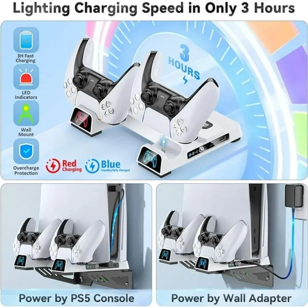 PS5 Slim Wall Mount Kit with Cooling Fan & Controller Charging Station for PS5/PS5 Slim Disc & Digital Console, PS5 Wall Bracket behind TV, PS5 Slim Accessories PS5 Cooling Station