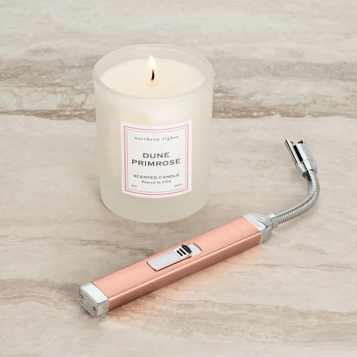 Rose Gold Rechargeable Candle Lighter & 8 oz Dune Primrose Candle Gift Set