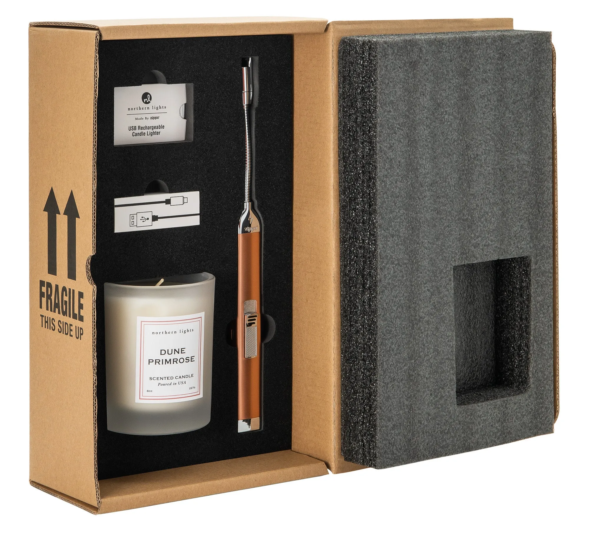 Rose Gold Rechargeable Candle Lighter & 8 oz Dune Primrose Candle Gift Set