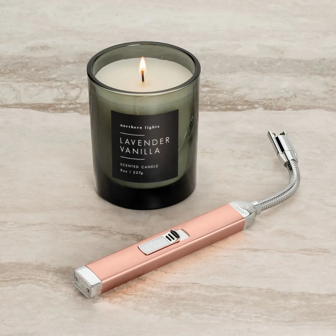 Rose Gold Rechargeable Candle Lighter & 8 oz Lavender Vanilla Candle Gift Set