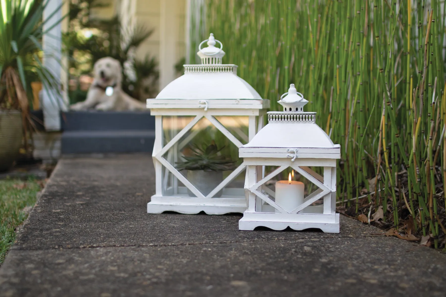 Set Of Two Rustic White Wooden Lanterns