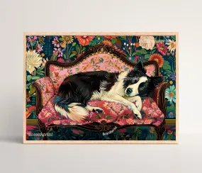 Sleeping Border Collie - Dog Bedroom Print - Maximalist Wall Art -  Dog Living Room Print -  Vintage Wall Art - Grandmillenial Style