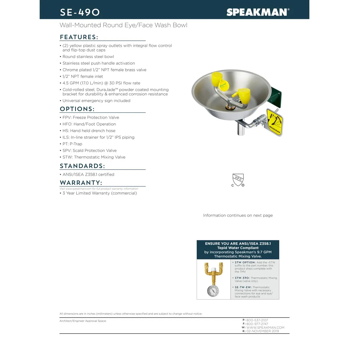 Speakman SE-490 Eye/Face Wash, Wall mounted