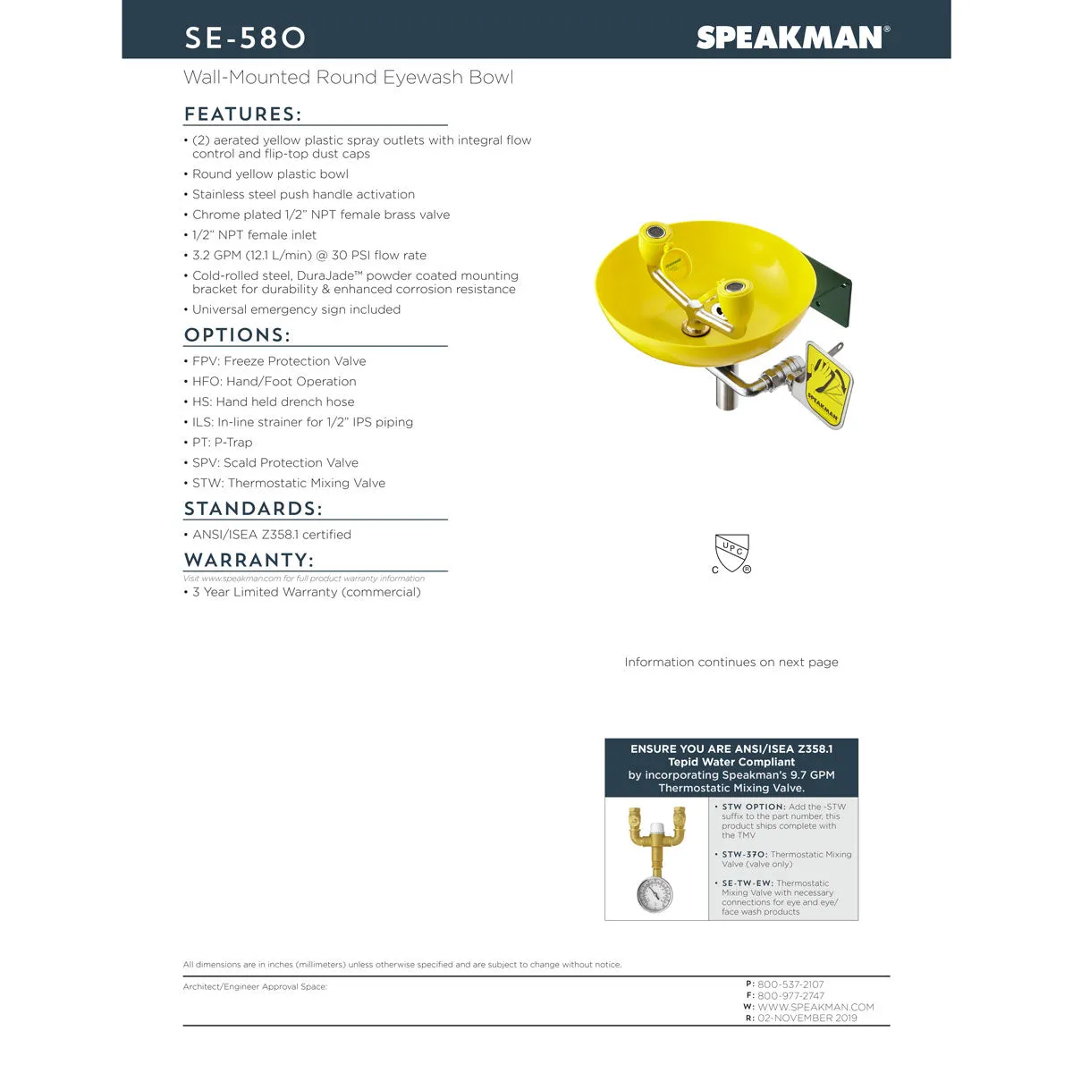 Speakman SE-580 Eyewash, Wall mounted