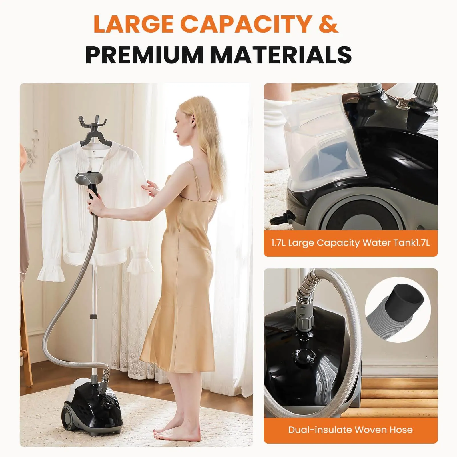 Standing Garment Steamer, with Roll Wheels for Easy Movement, Adjustable Pole for Storage，Professional Wrinkle Remover